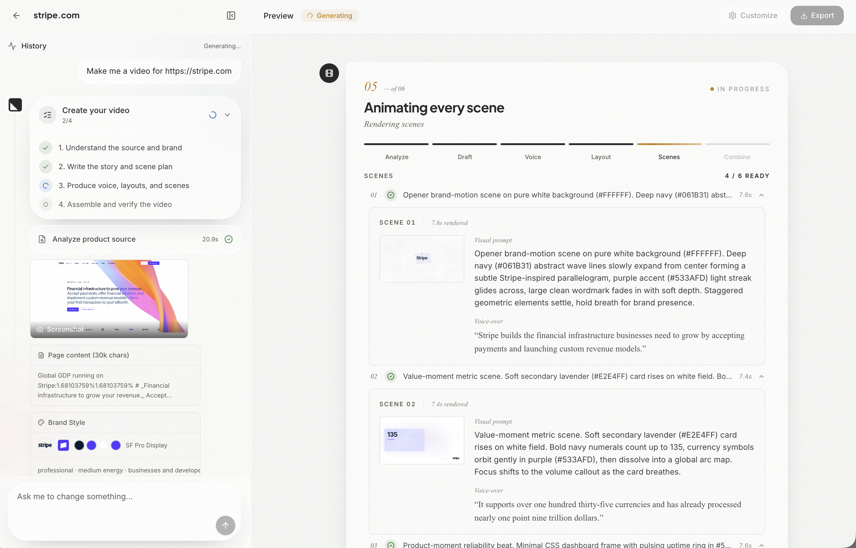 Le nouvel espace de travail de Motionflare avec la progression et les détails des scènes