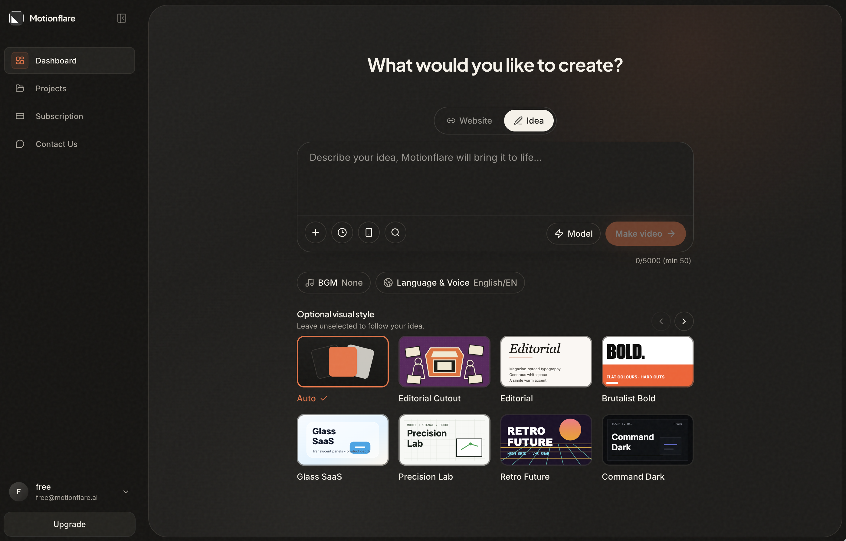 Motionflare dashboard in dark mode